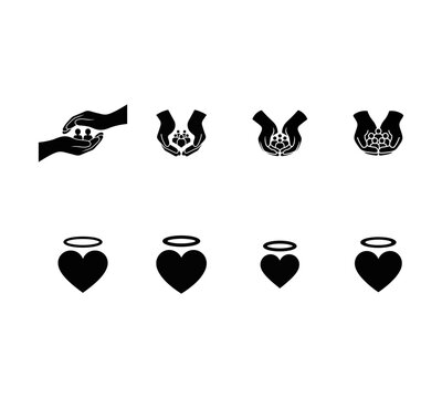 Four minimalist on a white background including a ribbon, hands holding a flame or drop, and hearts with halos, symbolizing hope, care, and blessings