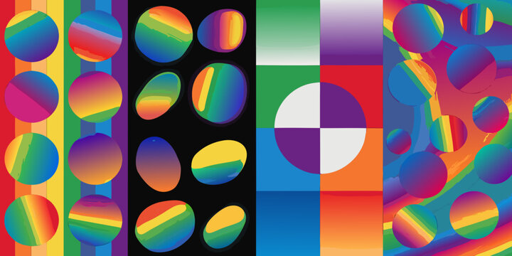 Abstract geometric shapes with rainbow stripes on black background vector illustration