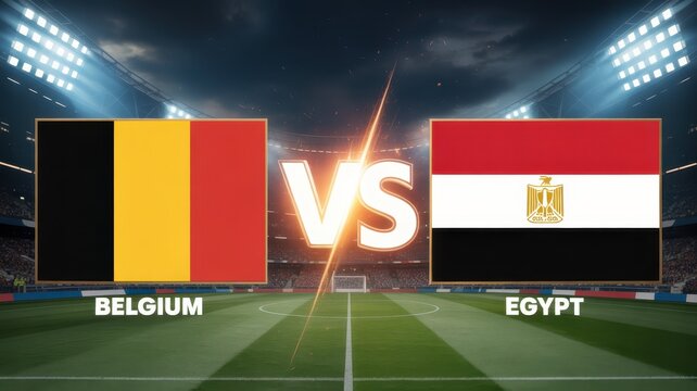 Belgium vs egypt football match in an illuminated stadium with flags and sunset background.