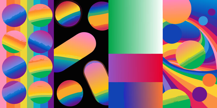 Abstract rainbow circles and stripes with black background vector illustration