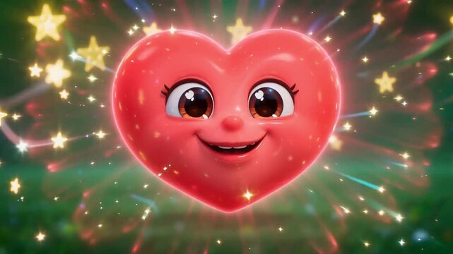 A heartwarming video featuring an animated heart with a smiling face surrounded by sparkling stars and lights.