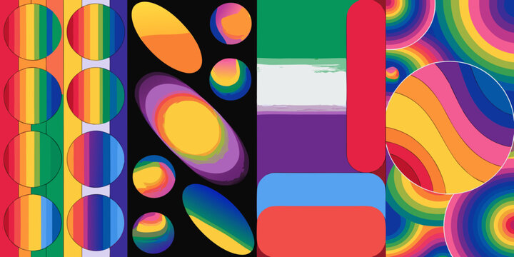 Abstract rainbow shapes and circles in a vibrant geometric composition with flat design elements