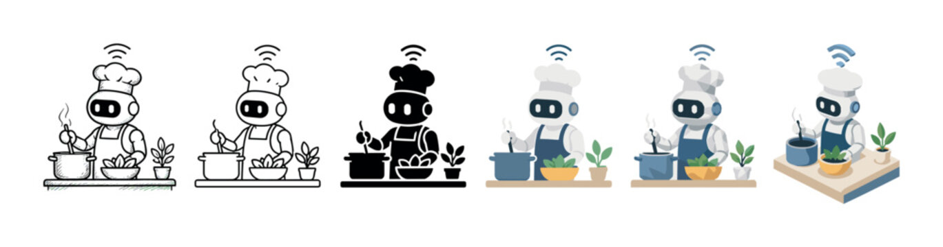 Chef robot cooking food in a pot with fresh ingredients and plants, presented in various styles including outline, glyph, flat, low poly, and isometric vector illustration