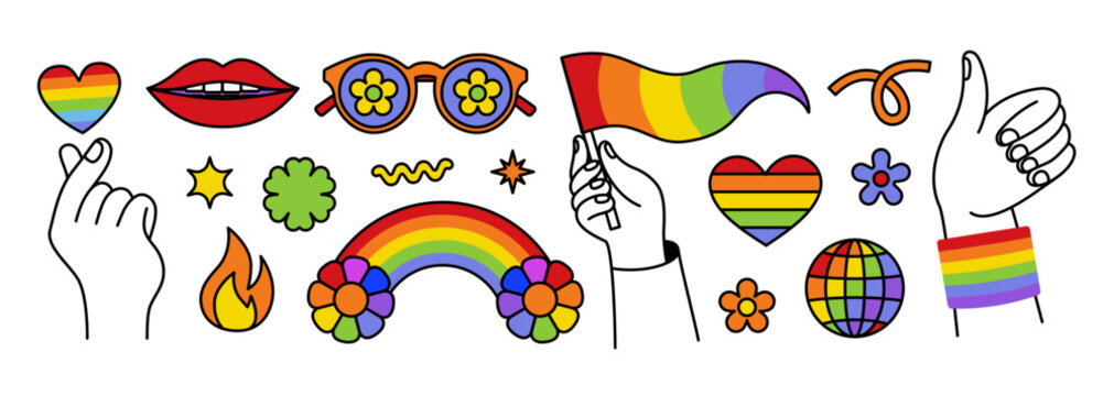 Vector illustration in flat simple linear style - hand and pride parade and month, LGBT rainbow flag, lesbian gay bisexual transgender love concept, Icon and symbol for sticker,  t-shirt print
