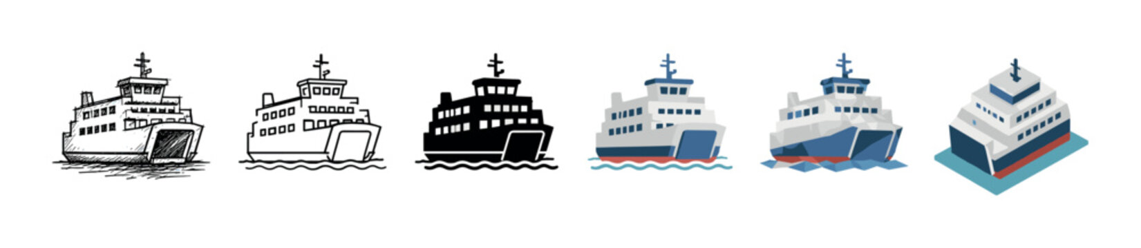 Ferry boat ship vessel icons in different styles including sketch, line, solid, flat, low poly, and isometric vector illustration