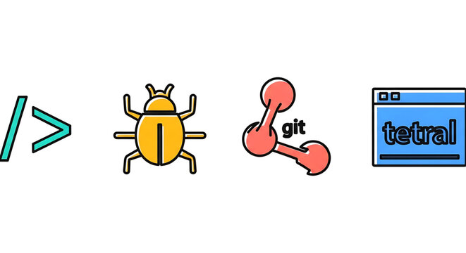 A vector graphic illustration of various coding and development icons, including a code symbol, a bug, a Git logo, and a browser window.