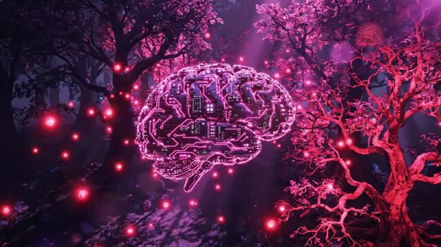Intricate glowing brain design nestled within a surreal, mystical forest, emanating vibrant pink and purple light, symbolizing advanced cognition, neural networks, and the mysteries of the mind