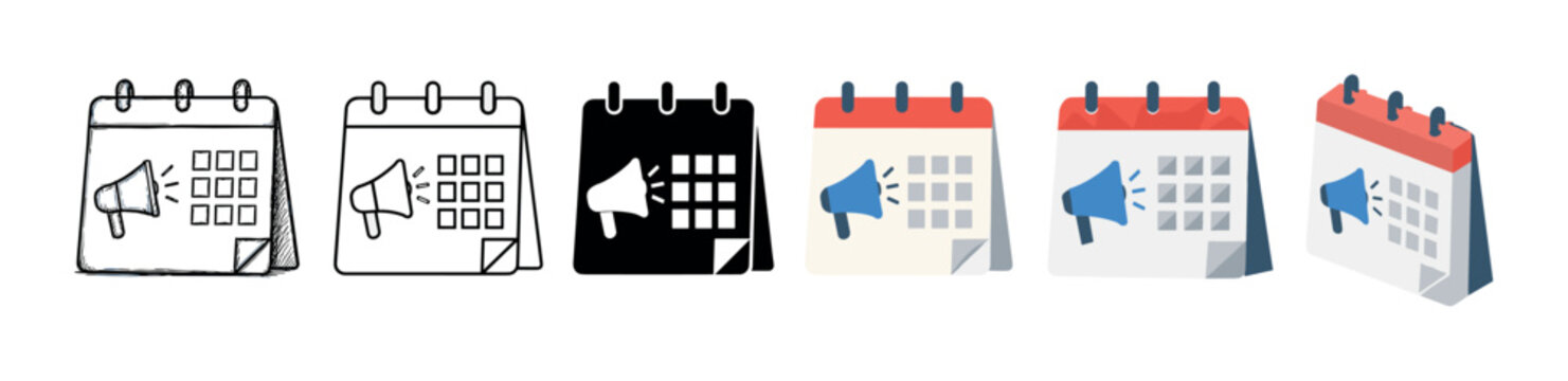Calendar megaphone announcement icons in various styles including doodle, outline, glyph, flat, and isometric vector illustration