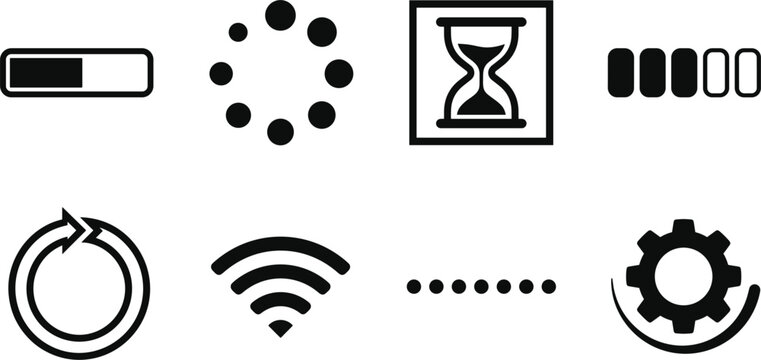Digital Progress Loading and buffering Icon Set Featuring Progress Bars Hourglass Spinner Wi-Fi Signal and Gear Cogwheel Silhouette Vectors for App Interfaces