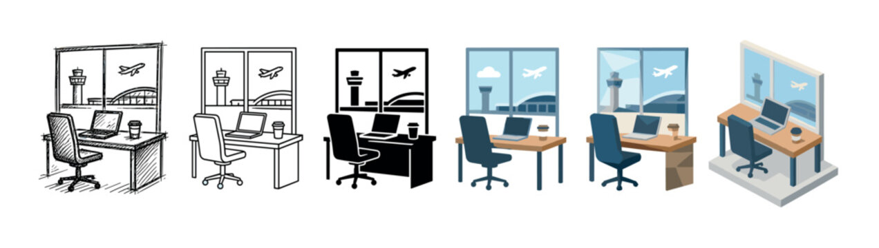 Desk chair laptop coffee cup window airport control tower airplane icons set in various styles