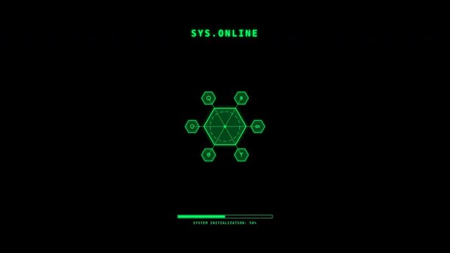 Futuristic digital interface motion animation showcasing interconnected nodes and data visualization with glowing green elements for technology and cybersecurity themes.