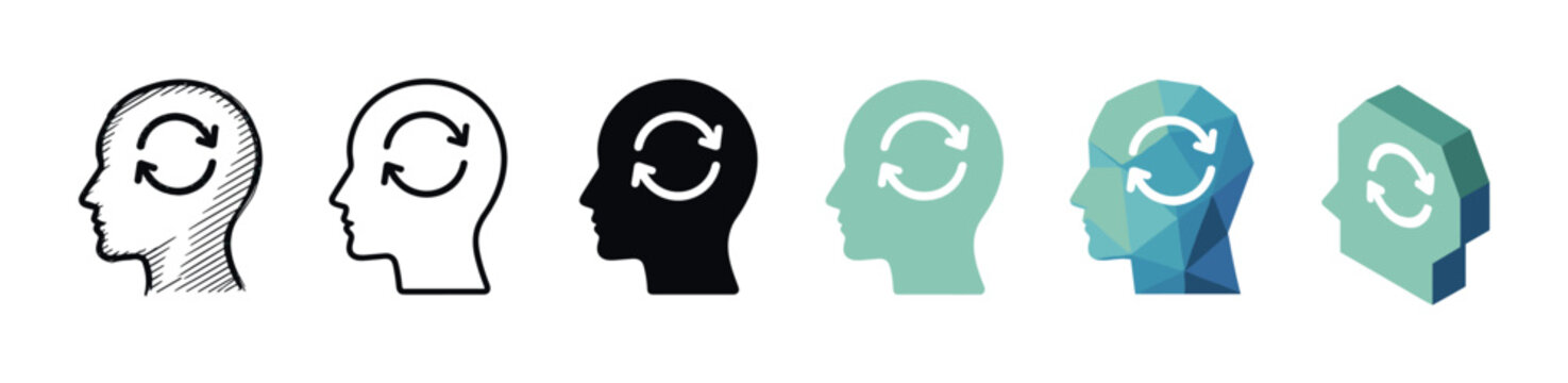 Human head refresh arrows icons set in various styles including sketch, outline, solid, flat, polygonal, and isometric vector illustration