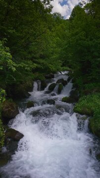 Turbulent waters of mountain river in the forest. Trout fishing. Ariege Pyrenees France