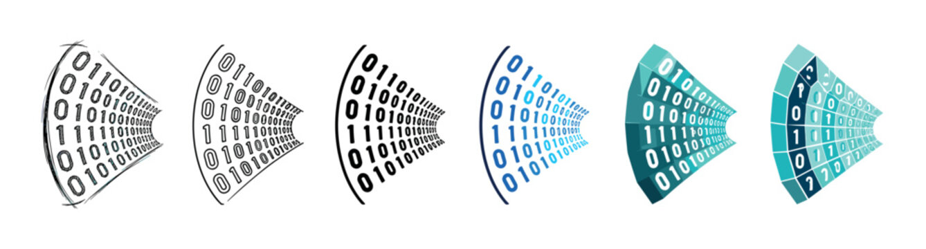 Binary code tunnel data stream icons in various styles, including sketch, outline, solid, and geometric vector illustrations