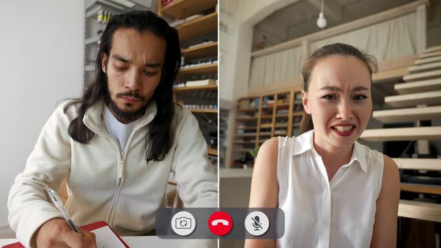 Four young people are seen on a split screen during an online call. Each person shows a different emotion, sharing their reactions and feelings through facial expressions.