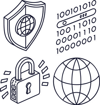Global cyber security and data protection icon set with safety shield padlock binary code and world globe