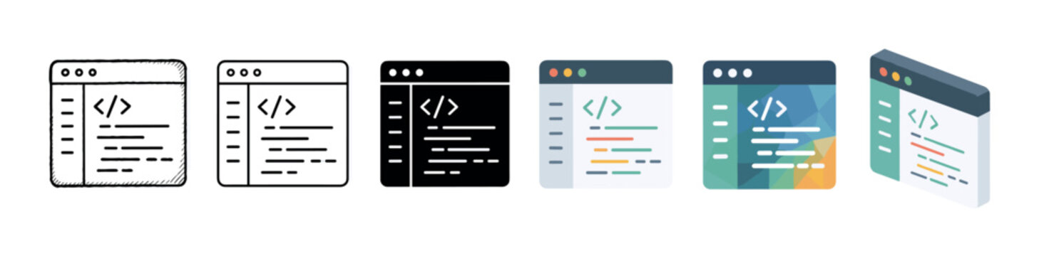 Browser window code programming development icons in various styles including doodle, outline, glyph, flat, and isometric vector illustration set