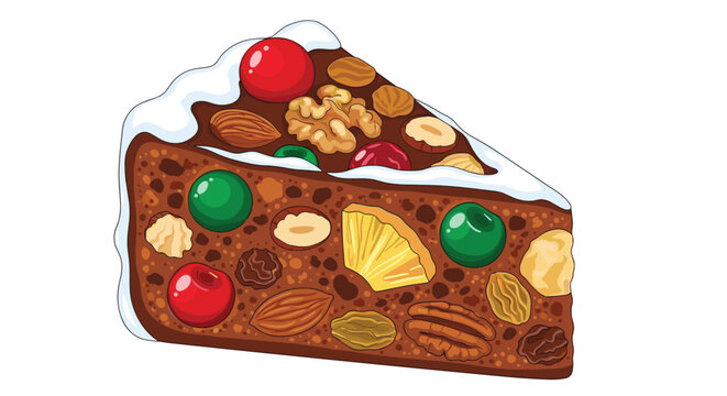 Dense slice of holiday fruit cake is packed with various nuts glazed cherries and dried fruits topped with white icing.