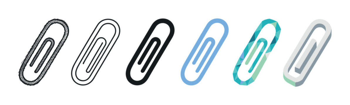 Paperclip office stationery attachment icons in different styles including doodle, outline, solid, flat, polygonal, and isometric vector illustration