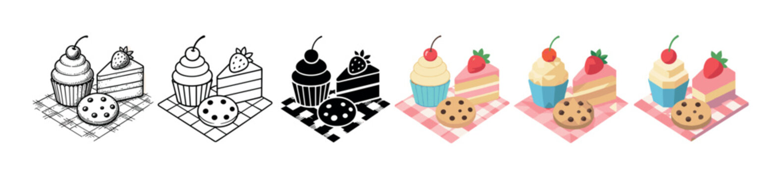 Cupcake, cake slice, and cookie dessert icons in various styles including hand-drawn, outline, solid, flat, and isometric vector illustration