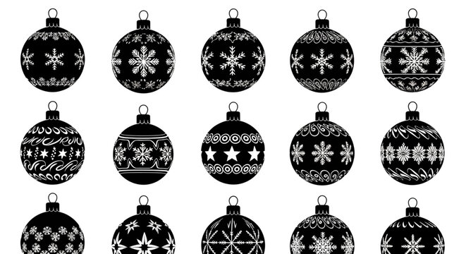 Black christmas ornaments with white snowflake patterns on a white background holiday decorations