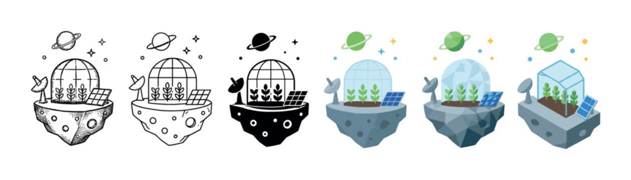 Floating island with plants under a dome, satellite dish, and solar panel in various styles, vector illustration