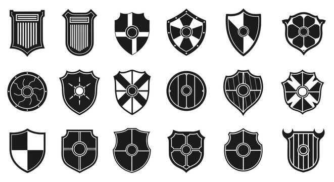 Collection of 20 unique black and white heraldic shield icons with various designs and patterns