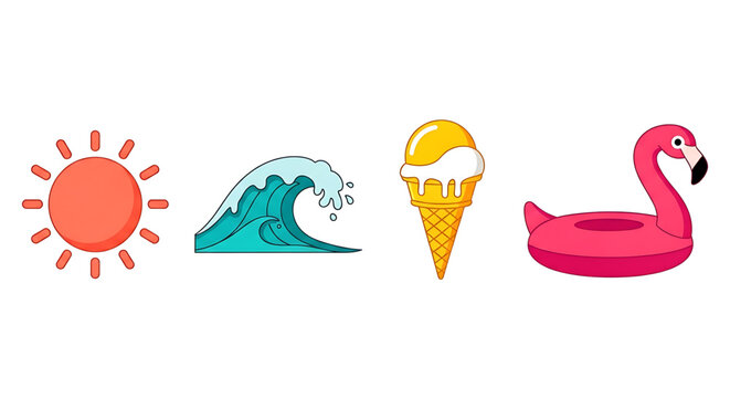 A colorful vector graphic illustration of summer icons including a sun, wave, ice cream cone, and flamingo float