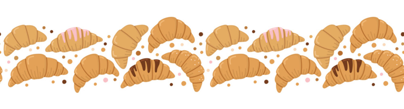 Horizontal pattern of croissants with pink icing, chocolate drizzle and sprinkled toppings. Colorful border with bakery products and decorative dots