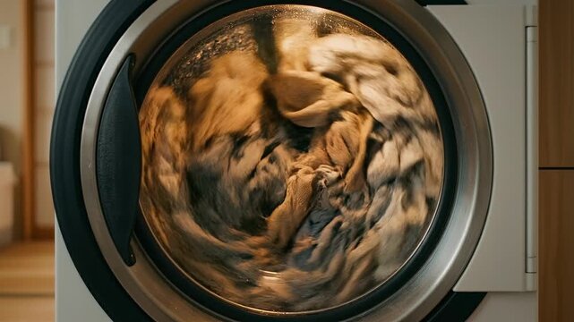 Washing machine drum spinning with clothes creates a hypnotic vortex of fabric, hinting at cleanliness and efficiency.