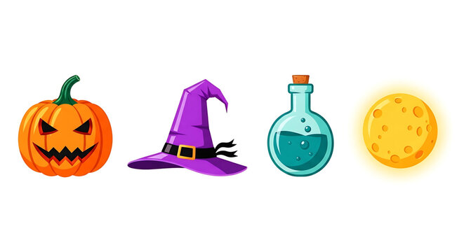 A set of Halloween icons including a jack-o-lantern, witch hat, potion bottle, and moon on a white background