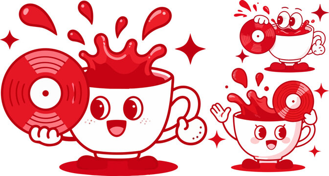 Fun coffee cup characters, red illustrations, vinyl record design elements, quirky cafe graphics