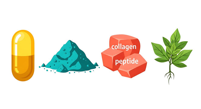 A vector graphic illustration of various supplements and nutrients including a capsule, powder, collagen peptide, and plant