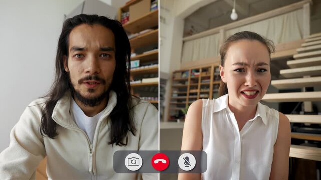 Young people talk online, showing a range of emotions. Some look sad, while others express frustration or annoyance. The call shows their reactions clearly.