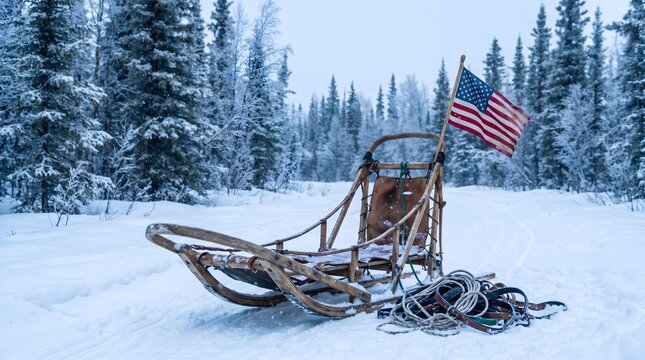 American flag atop a traditional wooden dog sled in a serene, snow-covered forest.