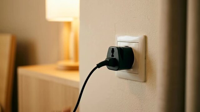 A compact black adapter plugs into a white wall socket, powering a bedside lamp and indicating connectivity in a modern room setting, emphasizing electrical access.