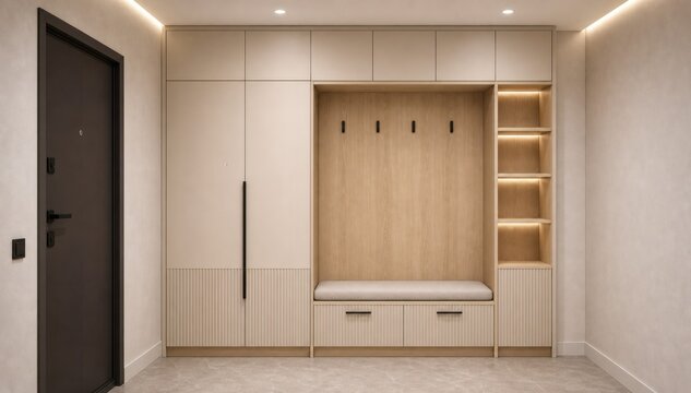 Minimal hallway wardrobe with bench and shelving