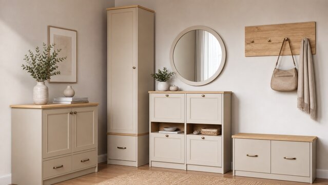 Beige entryway console with mirror and storage