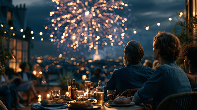 Rooftop Paris Bastille Day gathering at night with friends watching fireworks over the city skyline in a stylish summer urban French holiday celebration