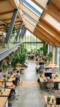 World Environment Day : A modern, light-filled co-working space with an open-plan design, featuring wooden beams, numerous plants, and people working at desks.