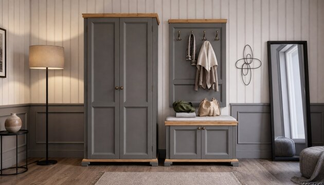 Gray hallway wardrobe and console with mirror