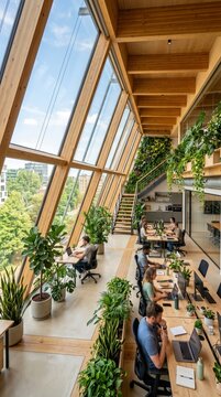 World Environment Day : Modern office space with abundant natural light, lush indoor plants, and wooden accents, fostering a bright and airy atmosphere
