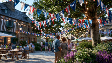 Obraz premium Sunny Bastille Day in a French village square with people gathering under blue white and red flags at a community celebration