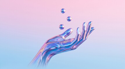 Fototapeta premium Holographic metallic hand holding levitating chrome spheres on pastel background.
