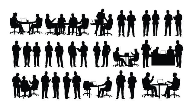 collection of business people silhouettes at desks and in discussion isolated on white background silhouette
