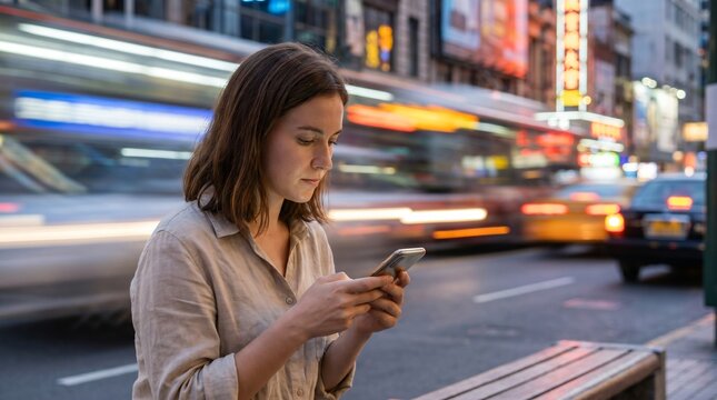 Young woman using phone on city street with blurred motion of vehicles.