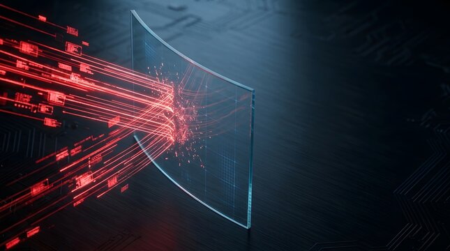 A futuristic glass pane shatters with red laser beams exploding outward in a dark room