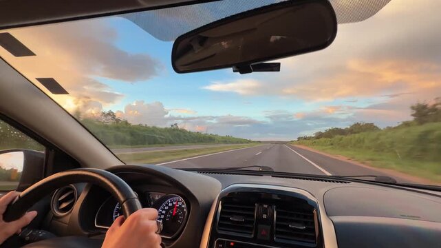 Driving on a highway at a beautiful sunset.
