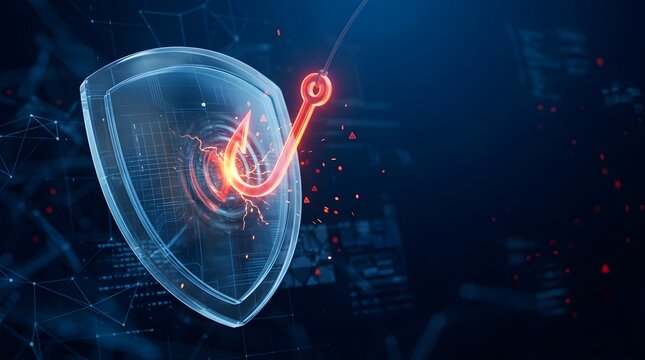 A glowing shield with a red checkmark protects a futuristic digital background with code and data streams.