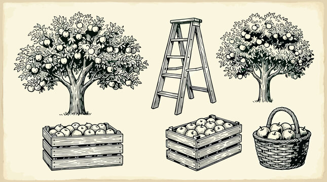 Set of apple trees, wooden ladder, crates and basket full of fresh apples hand drawn engraving style vector illustration